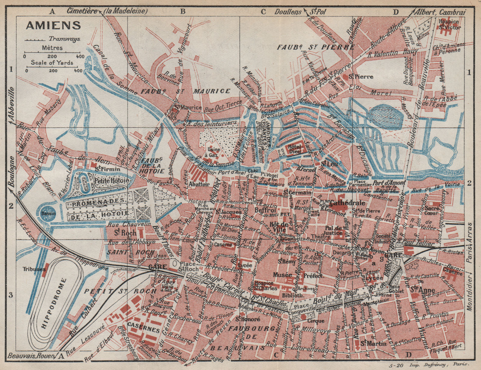 AMIENS. Vintage town city ville map plan carte. Somme 1922 old antique